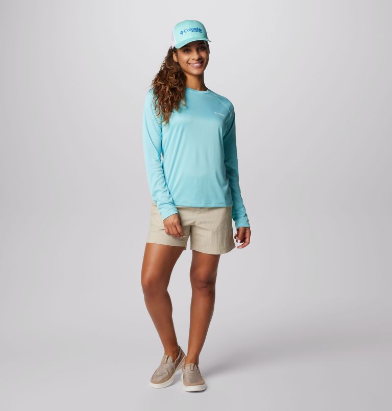 Women's PFG Tidal Tee II Long Sleeve Shirt, Color: Clear Blue, White Logo, image 3