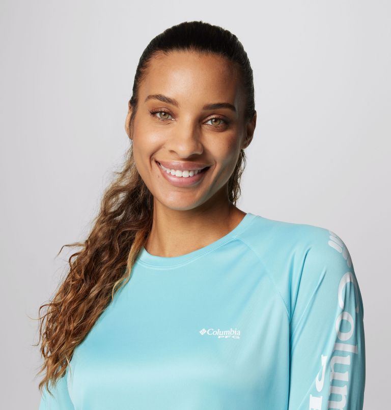 Women's PFG Tidal Tee II Long Sleeve Shirt, Color: Clear Blue, White Logo, image 5