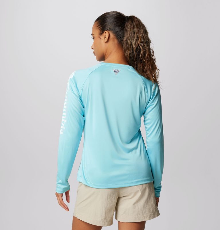 Women’s PFG Tidal Tee II Long Sleeve Shirt, Color: Clear Blue, White Logo, image 2