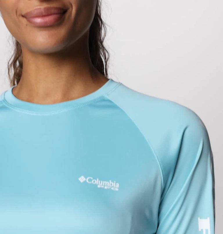 Women's PFG Tidal Tee II Long Sleeve Shirt, Color: Clear Blue, White Logo