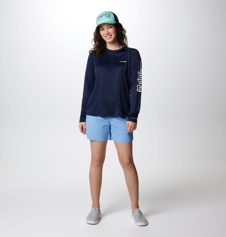 Women's PFG Tidal Tee II Long Sleeve Shirt, Color: Collegiate Navy, White Logo, image 3