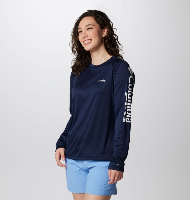 Women's PFG Tidal Tee II Long Sleeve Shirt, Color: Collegiate Navy, White Logo, image 4