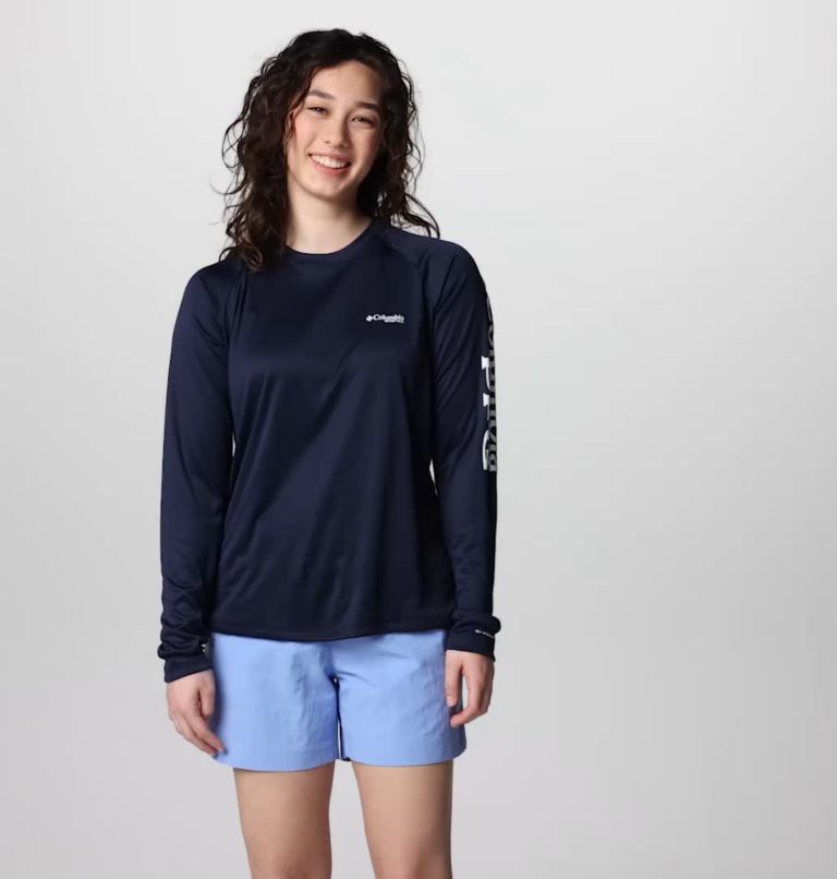 Women's PFG Tidal Tee II Long Sleeve Shirt, Color: Collegiate Navy, White Logo