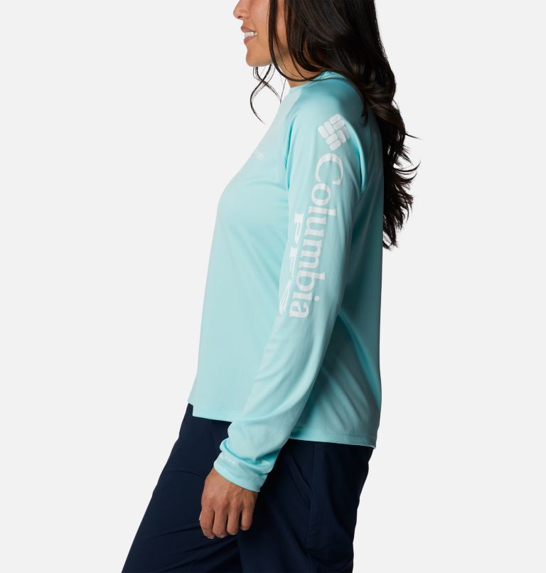 Women’s PFG Tidal Tee II Long Sleeve Shirt, Color: Gulf Stream, White Logo, image 3