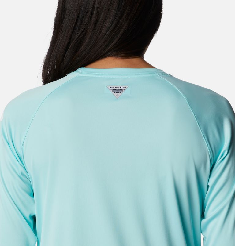 Women’s PFG Tidal Tee II Long Sleeve Shirt, Color: Gulf Stream, White Logo, image 5