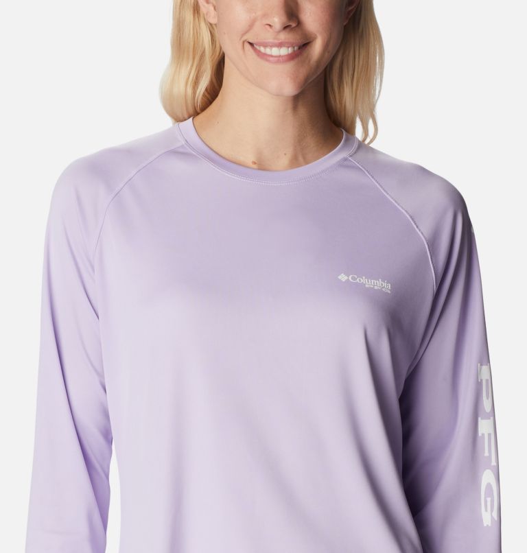 Women’s PFG Tidal Tee II Long Sleeve Shirt, Color: Soft Violet, White Logo, image 4