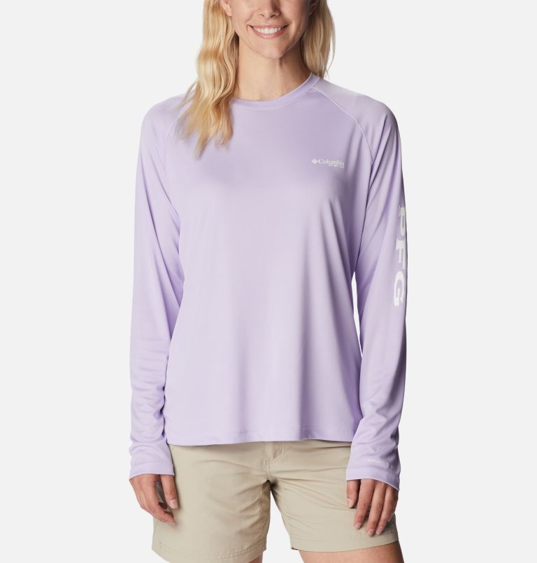 Women’s PFG Tidal Tee II Long Sleeve Shirt, Color: Soft Violet, White Logo, image 1