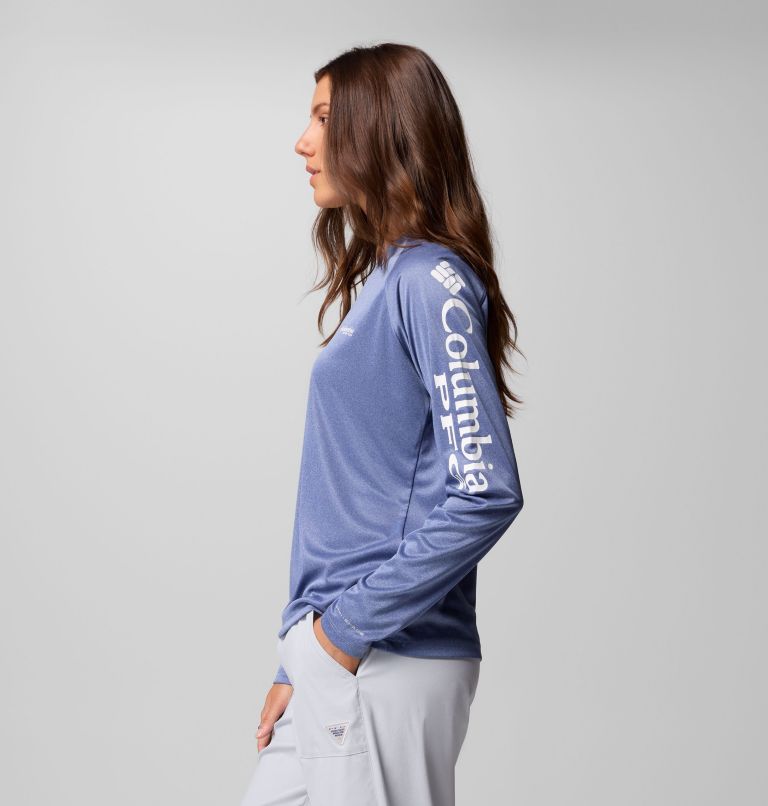 Women's PFG Tidal Tee II Long Sleeve Shirt, Color: Bluebell Heather, White Logo, image 4