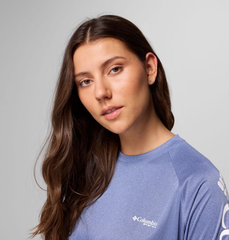 Women's PFG Tidal Tee II Long Sleeve Shirt, Color: Bluebell Heather, White Logo, image 5