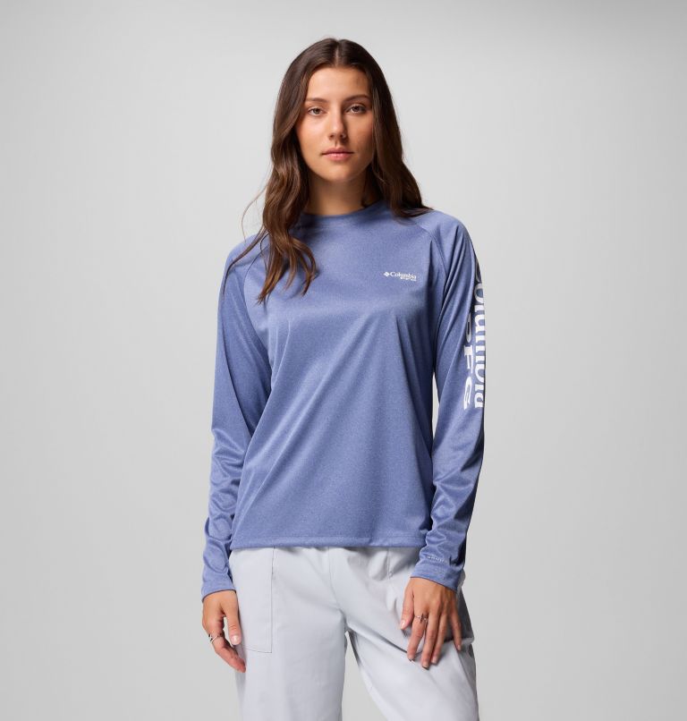Women's PFG Tidal Tee II Long Sleeve Shirt, Color: Bluebell Heather, White Logo, image 1