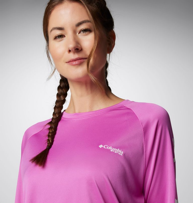 Women’s PFG Tidal Tee II Long Sleeve Shirt, Color: Bright Lavender, White Logo, image 5