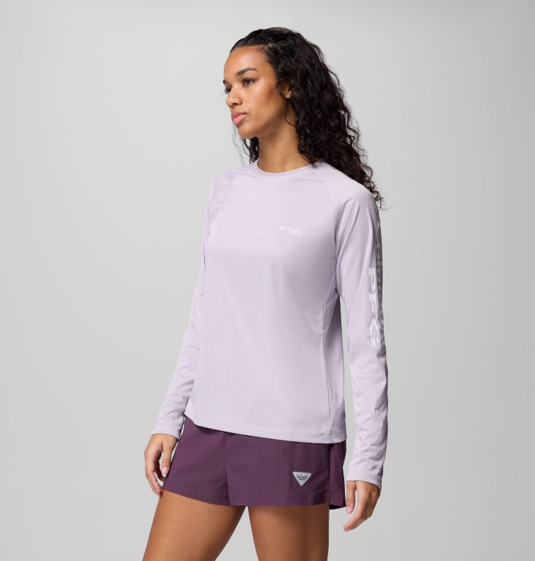 Women's PFG Tidal Tee II Long Sleeve Shirt, Color: Lavender Pearl Heather, White Logo, image 4