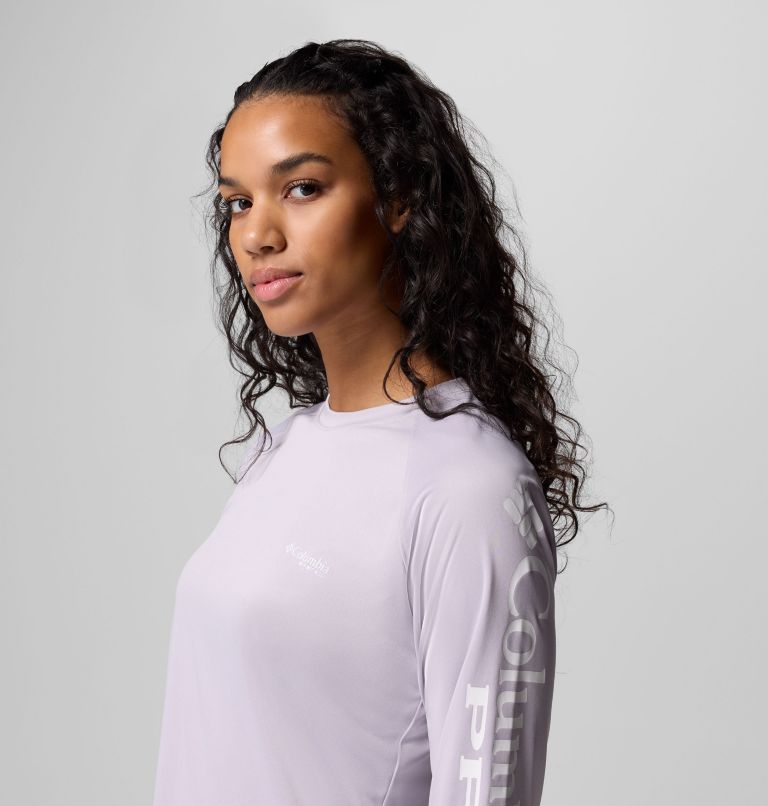 Women's PFG Tidal Tee II Long Sleeve Shirt, Color: Lavender Pearl Heather, White Logo, image 5
