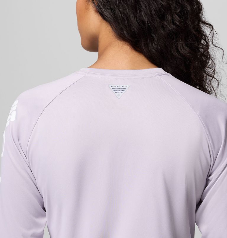 Women's PFG Tidal Tee II Long Sleeve Shirt, Color: Lavender Pearl Heather, White Logo, image 6
