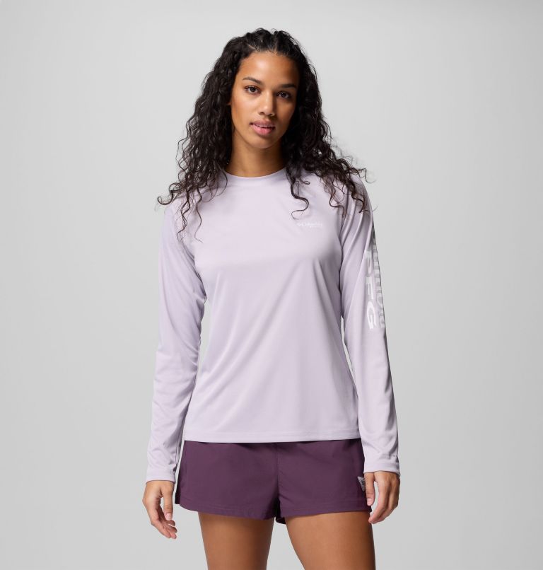 Women's PFG Tidal Tee II Long Sleeve Shirt, Color: Lavender Pearl Heather, White Logo, image 1