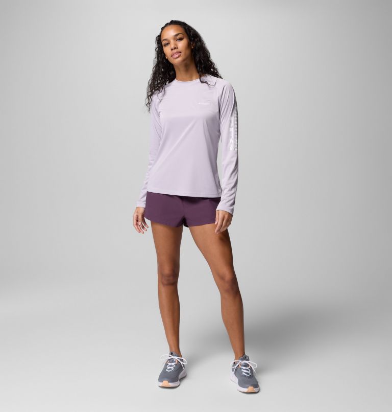 Women's PFG Tidal Tee II Long Sleeve Shirt, Color: Lavender Pearl Heather, White Logo, image 8