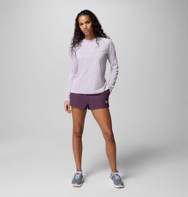 Women's PFG Tidal Tee II Long Sleeve Shirt, Color: Lavender Pearl Heather, White Logo, image 9