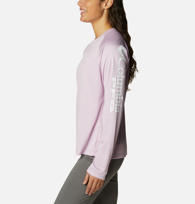 Women’s PFG Tidal Tee II Long Sleeve Shirt, Color: Aura, White Logo, image 3