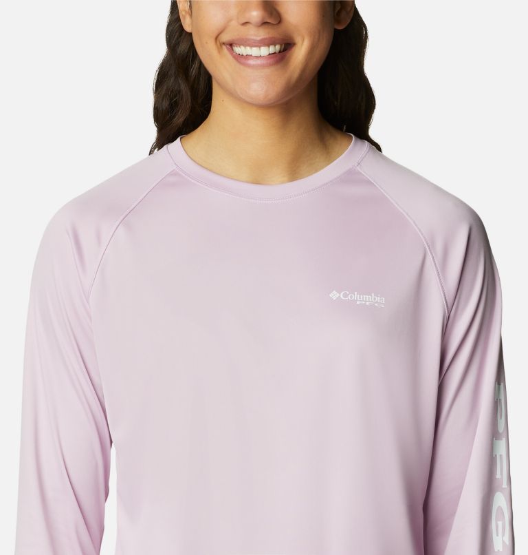 Women’s PFG Tidal Tee II Long Sleeve Shirt, Color: Aura, White Logo, image 4