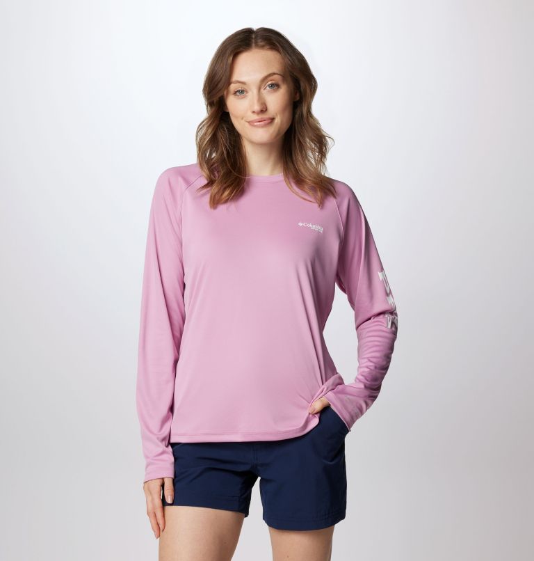 Women’s PFG Tidal Tee II Long Sleeve Shirt, Color: Minuet, Tiki Pink Logo, image 1