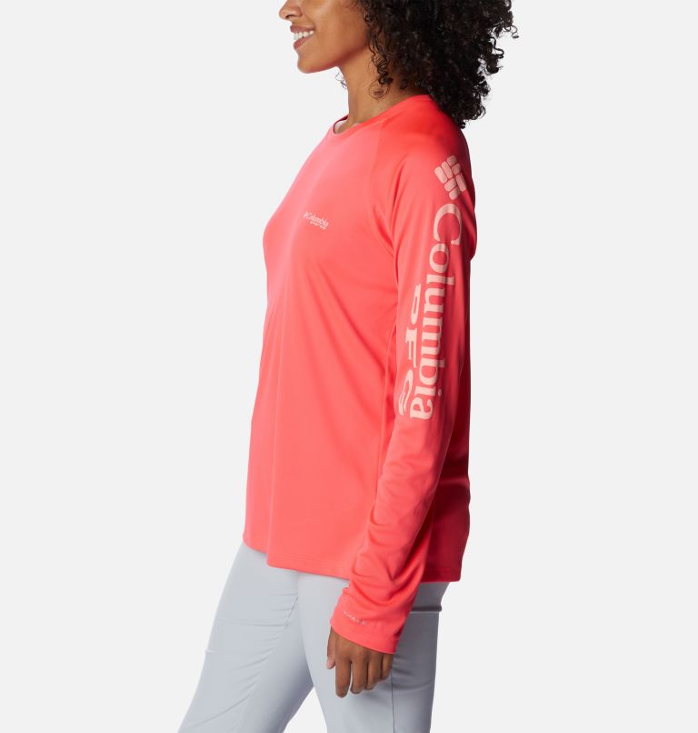 Women’s PFG Tidal Tee II Long Sleeve Shirt, Color: Neon Sunrise, Tiki Pink Logo, image 3