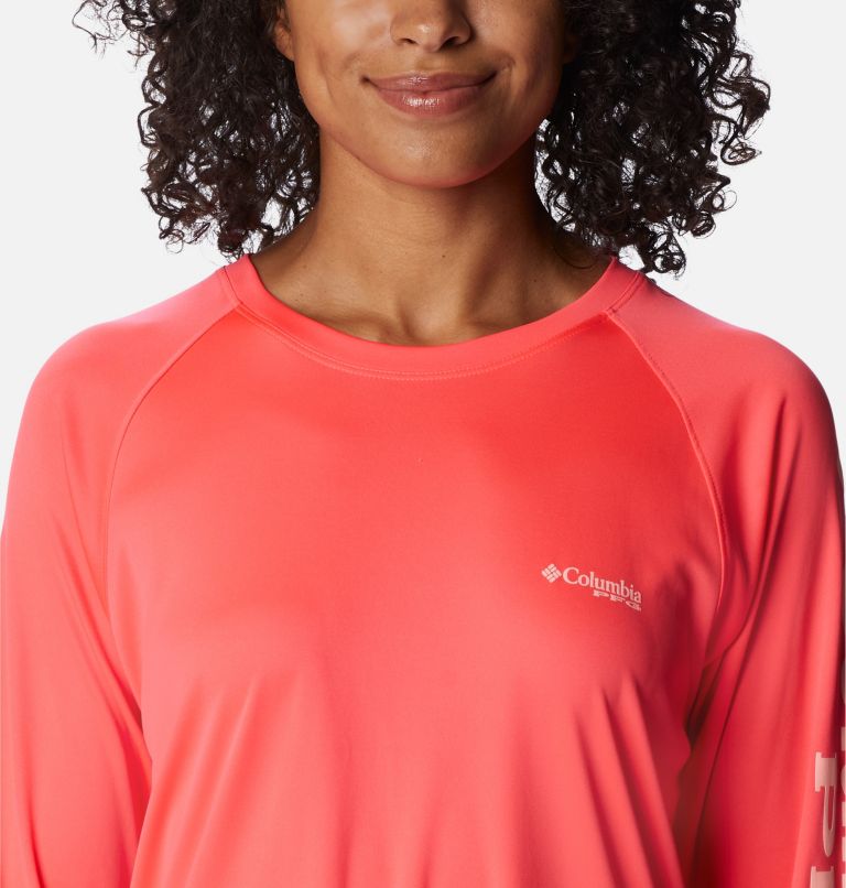 Women’s PFG Tidal Tee II Long Sleeve Shirt, Color: Neon Sunrise, Tiki Pink Logo, image 4