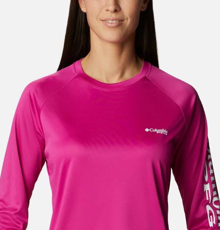 Women’s PFG Tidal Tee II Long Sleeve Shirt, Color: Wild Fuchsia, White Logo, image 4