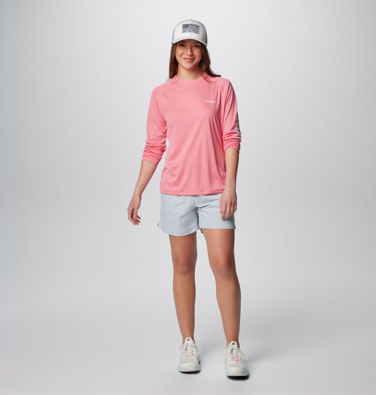 Women's PFG Tidal Tee II Long Sleeve Shirt, Color: Lollipop, White Logo, image 3
