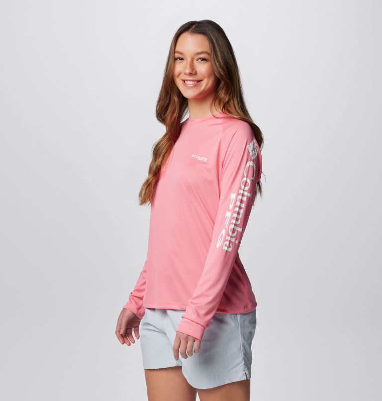 Women's PFG Tidal Tee II Long Sleeve Shirt, Color: Lollipop, White Logo, image 4