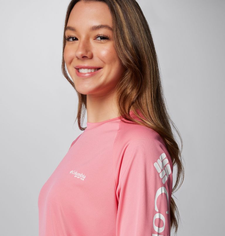 Women's PFG Tidal Tee II Long Sleeve Shirt, Color: Lollipop, White Logo, image 5