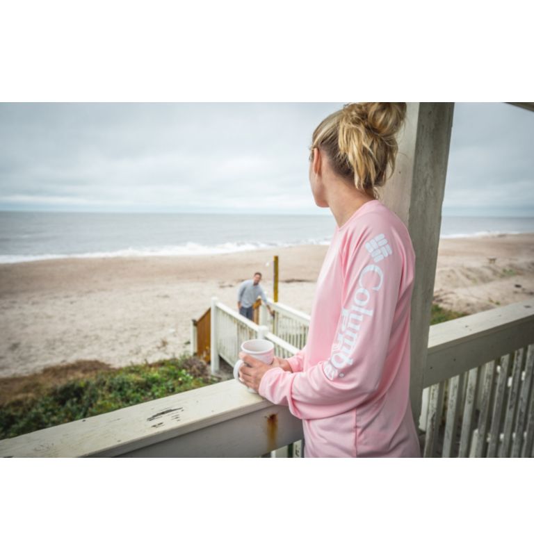 Women's PFG Tidal Tee II Long Sleeve Shirt, Color: Lollipop, White Logo, image 7