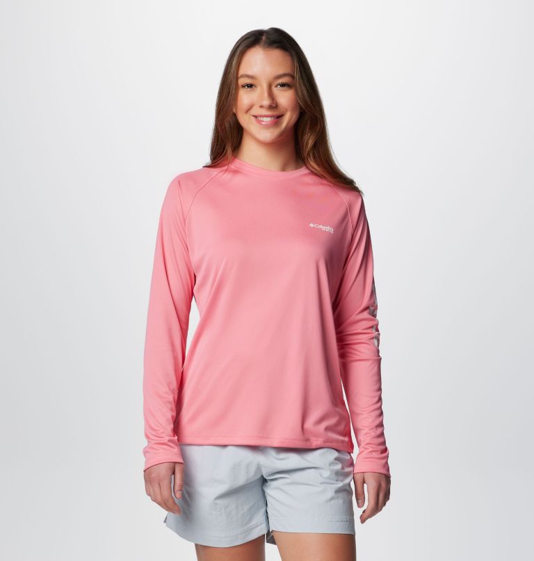 Women's PFG Tidal Tee II Long Sleeve Shirt, Color: Lollipop, White Logo, image 1