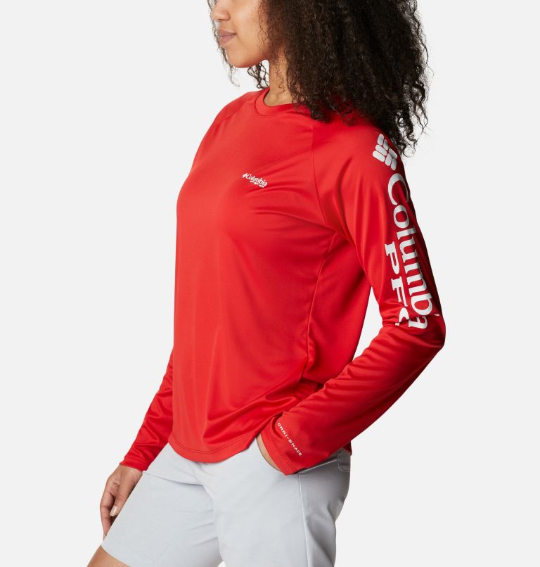 Women’s PFG Tidal Tee II Long Sleeve Shirt, Color: Red Spark, White Logo, image 3