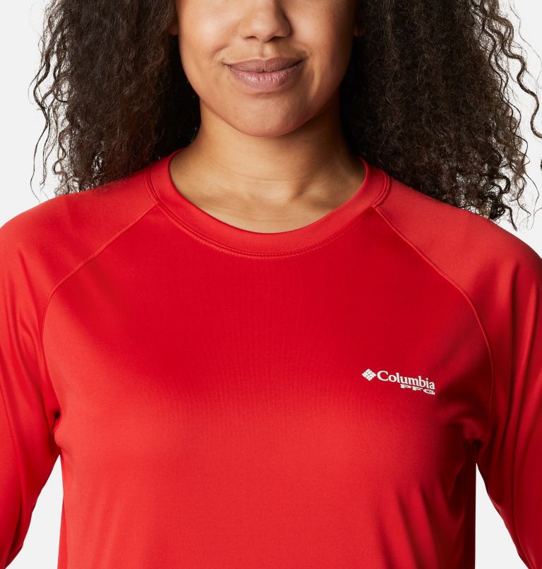Women’s PFG Tidal Tee II Long Sleeve Shirt, Color: Red Spark, White Logo, image 4