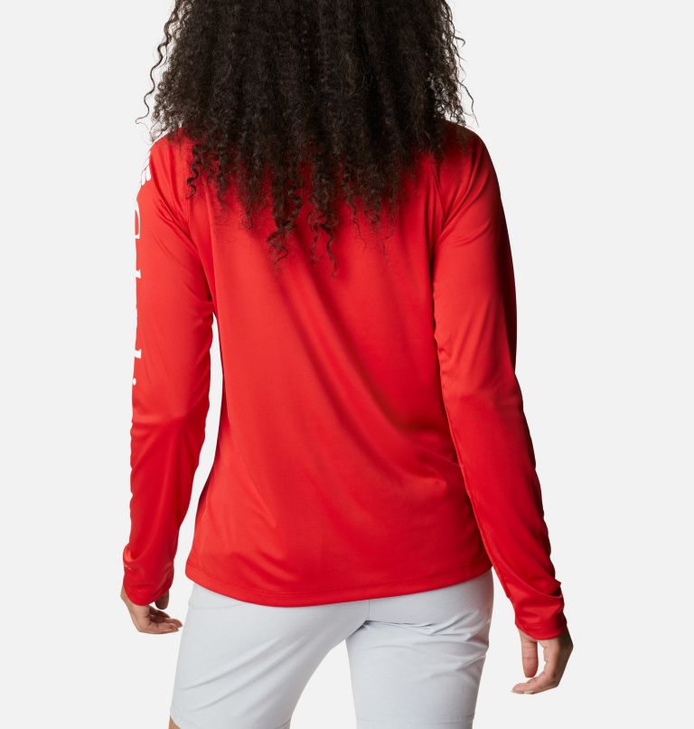 Women’s PFG Tidal Tee II Long Sleeve Shirt, Color: Red Spark, White Logo, image 2