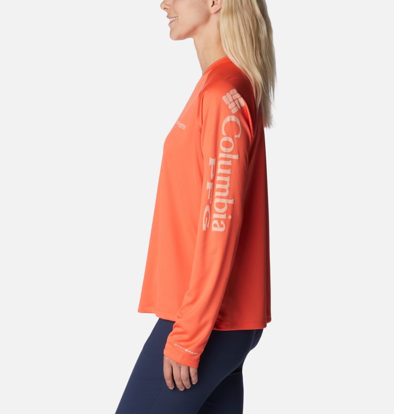 Women’s PFG Tidal Tee II Long Sleeve Shirt, Color: Corange, Light Coral Logo, image 3