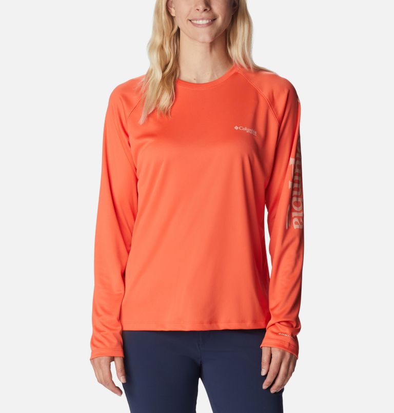 Women’s PFG Tidal Tee II Long Sleeve Shirt, Color: Corange, Light Coral Logo, image 1