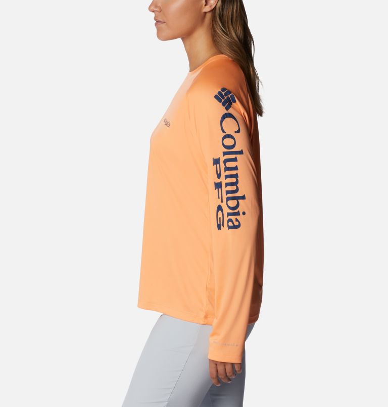 Women’s PFG Tidal Tee II Long Sleeve Shirt, Color: Bright Nectar, Carbon Logo, image 3