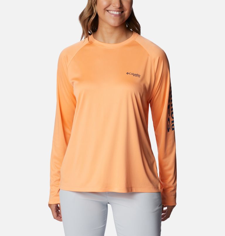 Women’s PFG Tidal Tee II Long Sleeve Shirt, Color: Bright Nectar, Carbon Logo, image 1