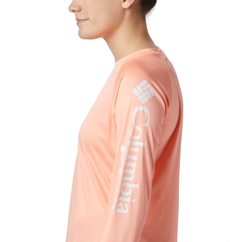 Women’s PFG Tidal Tee II Long Sleeve Shirt, Color: Tiki Pink, White Logo, image 6