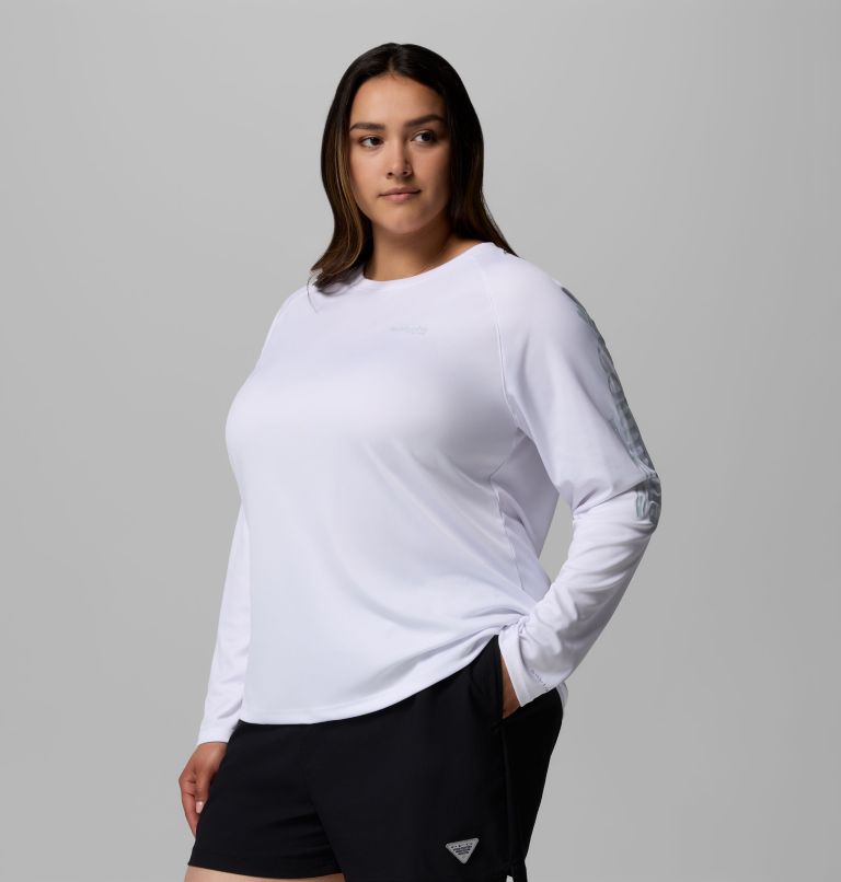 Women's PFG Tidal Tee II Long Sleeve Shirt - Plus Size, Color: White, Cirrus Grey Logo, image 4