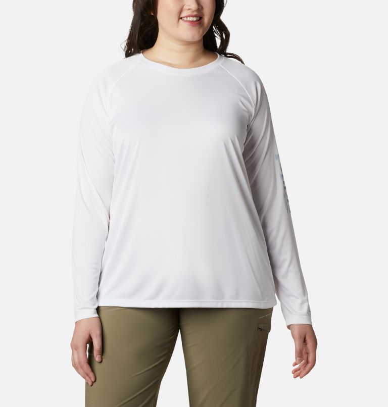 Women’s PFG Tidal Tee II Long Sleeve - Plus Size, Color: White, Cirrus Grey Logo, image 1