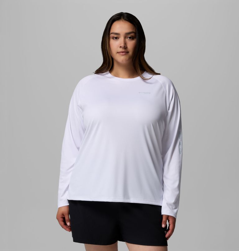 Women's PFG Tidal Tee II Long Sleeve Shirt - Plus Size, Color: White, Cirrus Grey Logo, image 1