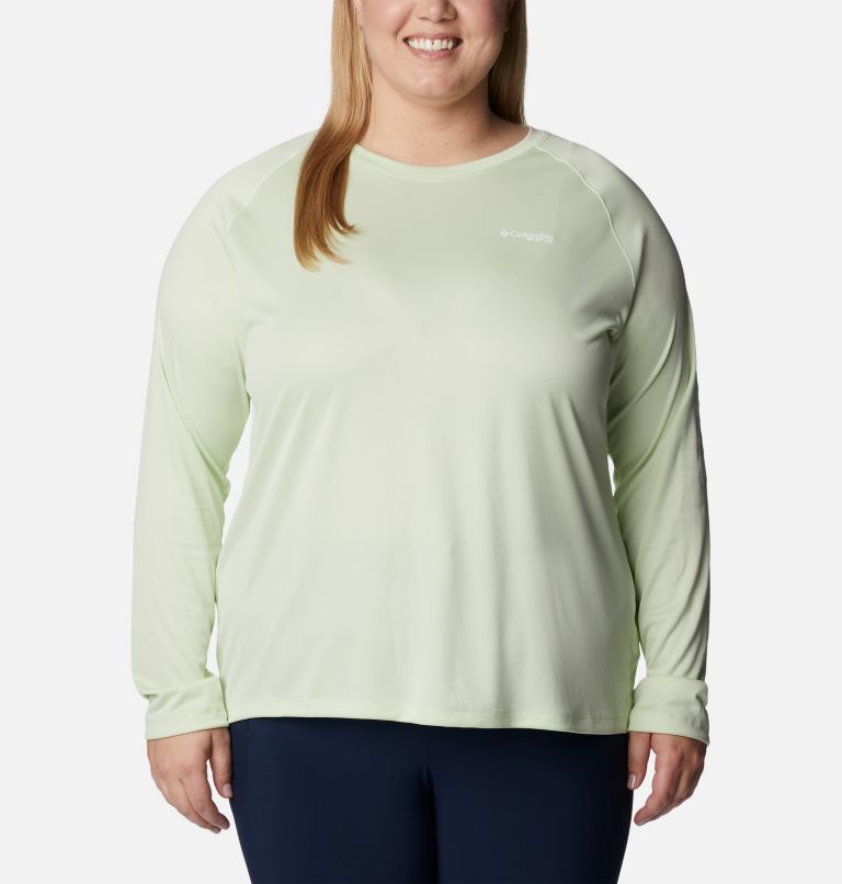 Women’s PFG Tidal Tee II Long Sleeve - Plus Size, Color: Light Lime, White Logo