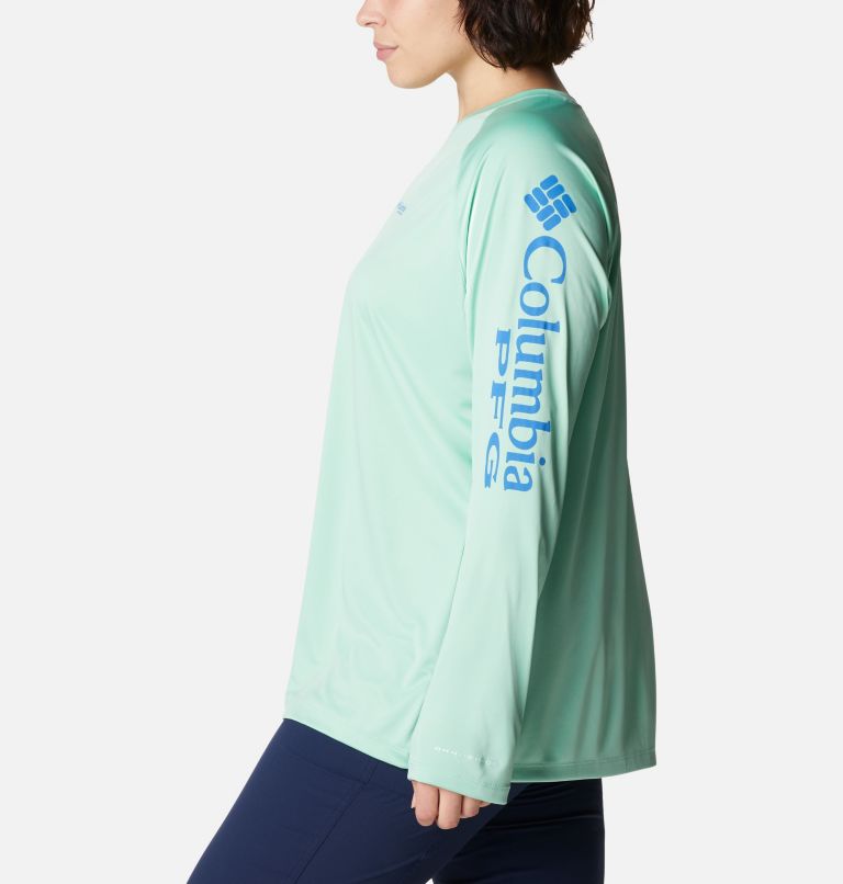 Women's PFG Tidal Tee II Long Sleeve Shirt - Plus Size, Color: Kelp, Stormy Blue Logo, image 3
