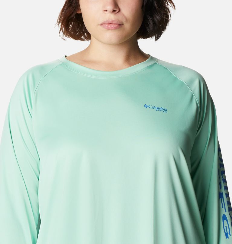 Women's PFG Tidal Tee II Long Sleeve Shirt - Plus Size, Color: Kelp, Stormy Blue Logo, image 4
