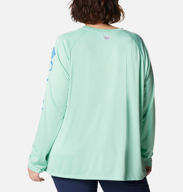 Women's PFG Tidal Tee II Long Sleeve Shirt - Plus Size, Color: Kelp, Stormy Blue Logo, image 2