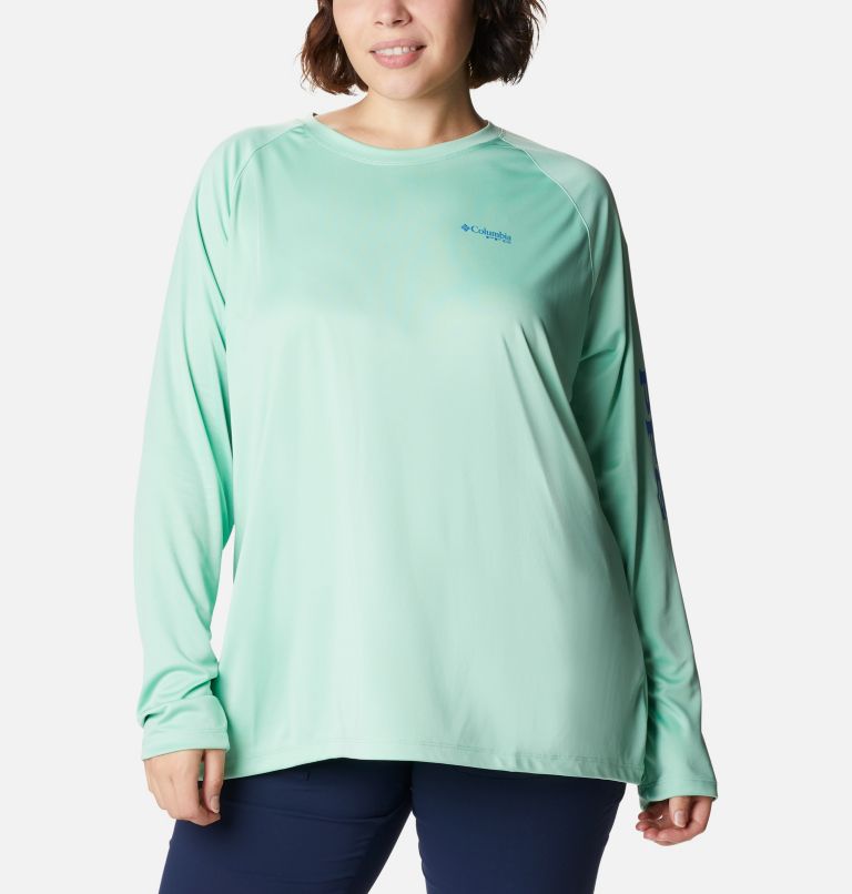 Women's PFG Tidal Tee II Long Sleeve Shirt - Plus Size, Color: Kelp, Stormy Blue Logo, image 1