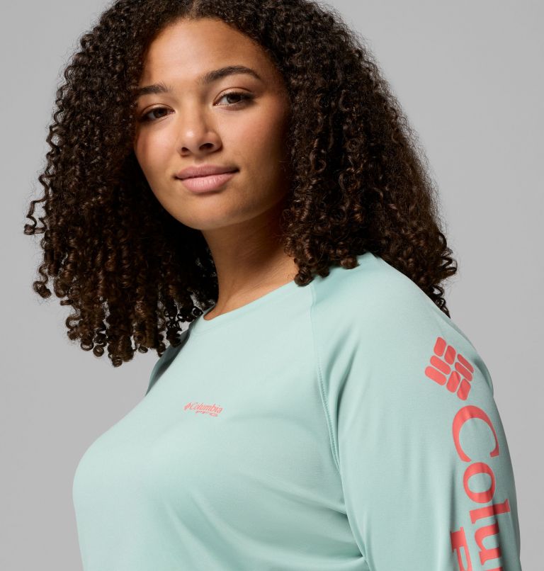 Women's PFG Tidal Tee II Long Sleeve Shirt - Plus Size, Color: Misty Jade, Melonade Logo, image 5