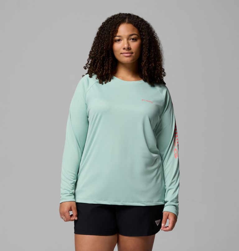 Women's PFG Tidal Tee II Long Sleeve Shirt - Plus Size, Color: Misty Jade, Melonade Logo, image 1